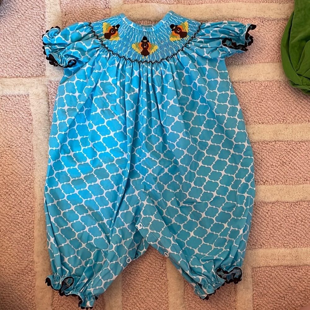 Smocked, blue turkey outfit